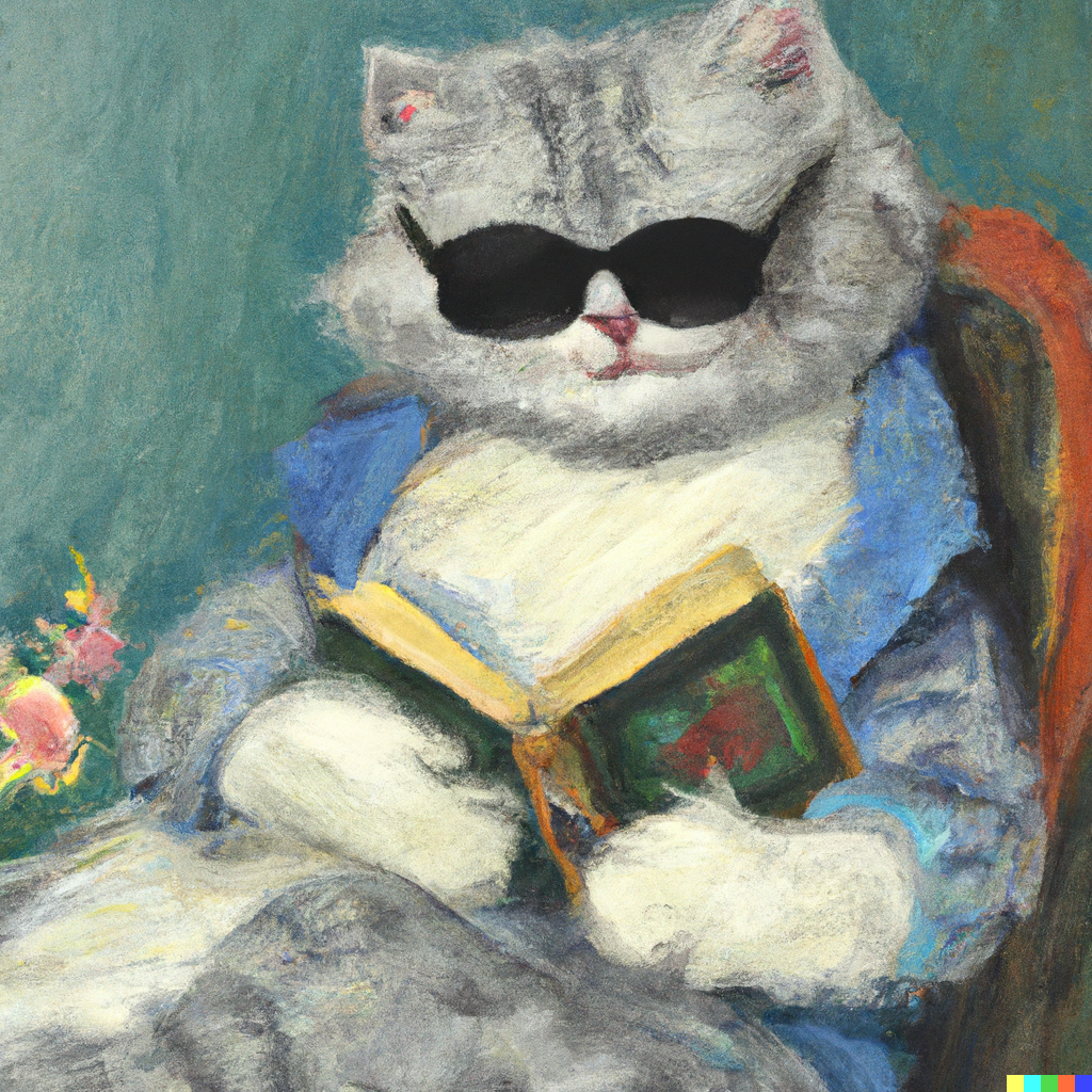 images/DALL·E 2023-02-12 13.38.38 - An oil painting by Claude Monet of a cat with sunglasses reading a book.png